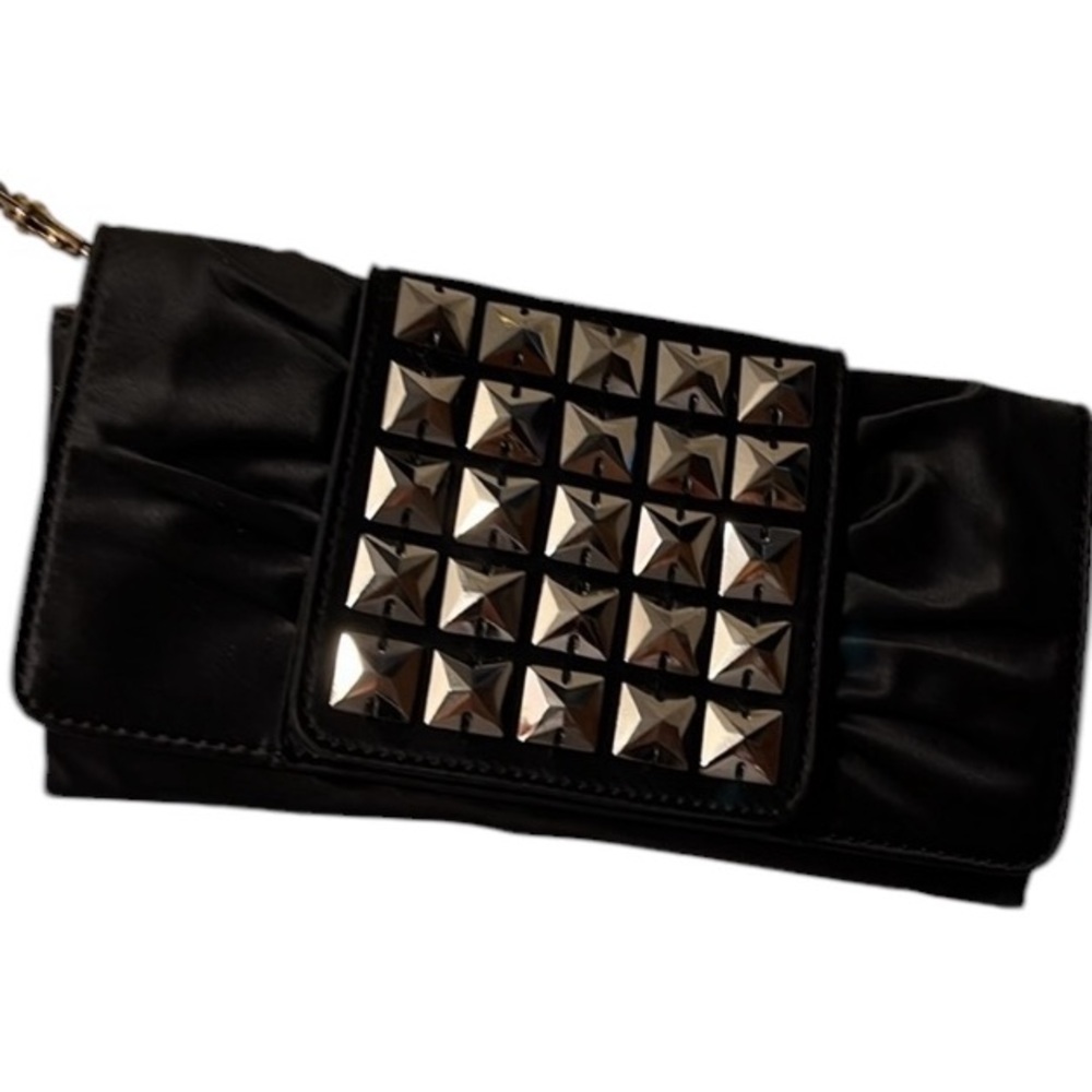 Stuart Weitzman black satin clutch wristlet embellished silver pyramid studs